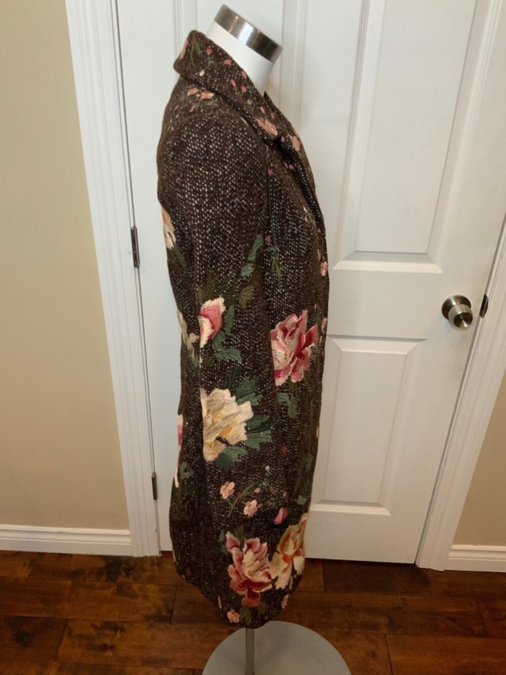 Biya Brown Multicolored Embroidered Floral Tapestry Long Wool Coat - Picture 4 of 8